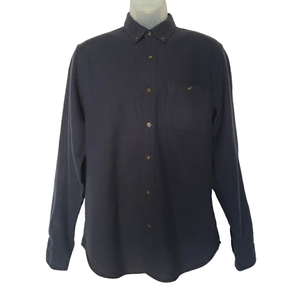 J. Crew Button Front Shirt Mens Size M Navy Blue Brown Leather Elbow Patches